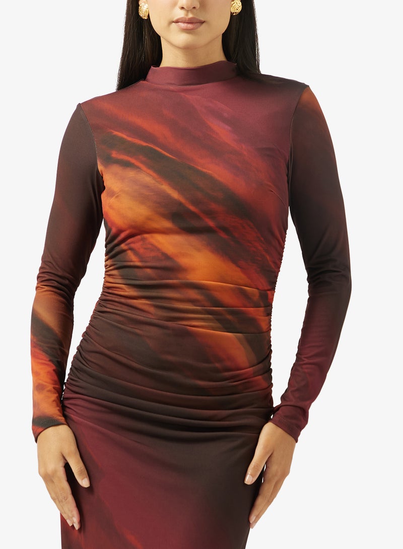 TFNC Printed Shoulder Cutout Neck Tie Long Sleeve Maxi Dress - Image 3